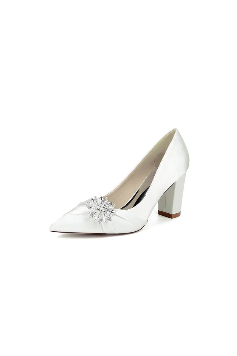Black Satin High Heels with a Crystal Flower Accent