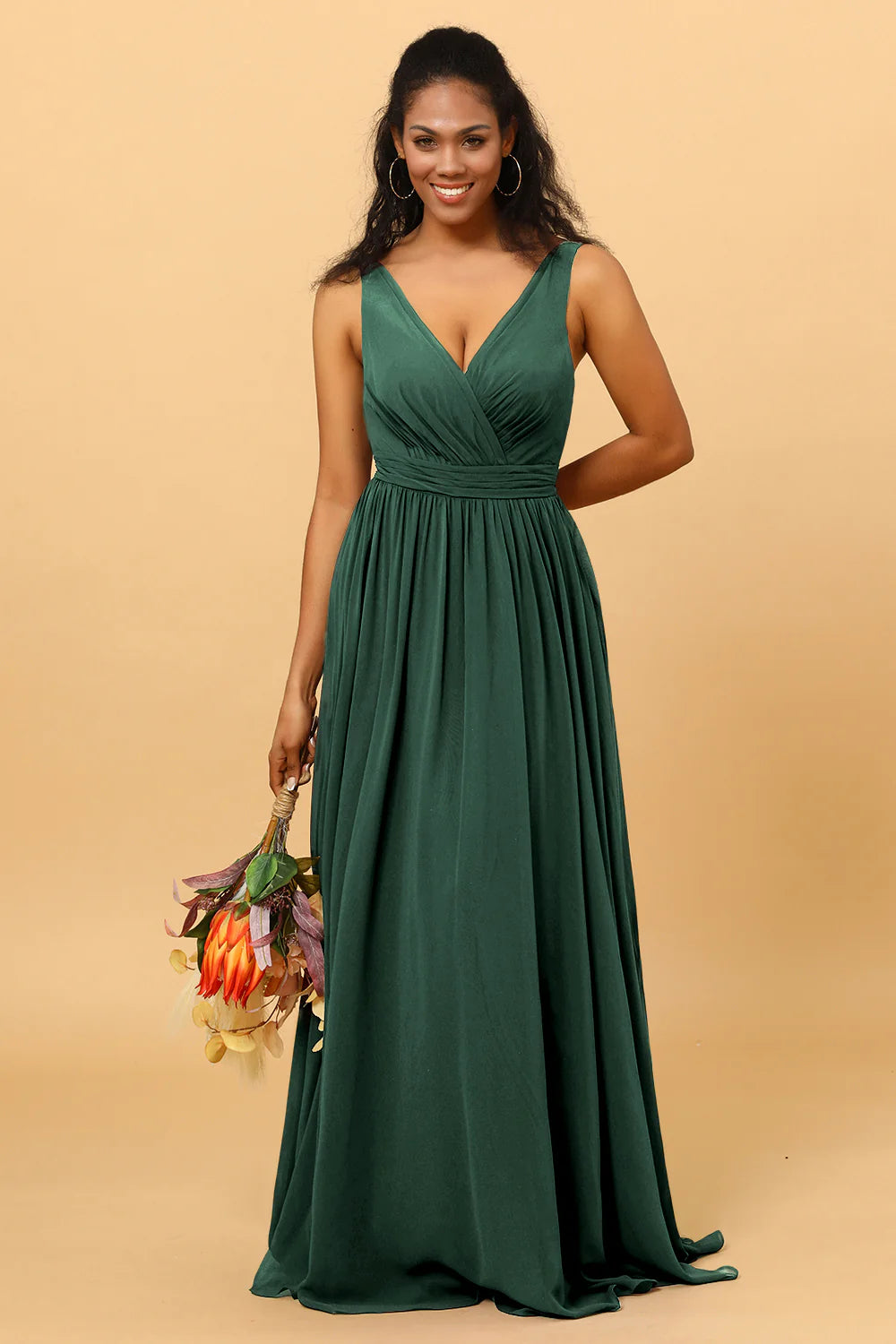 A Line V Neck Pleated Floor Length Long Chiffon Bridesmaid Dress
