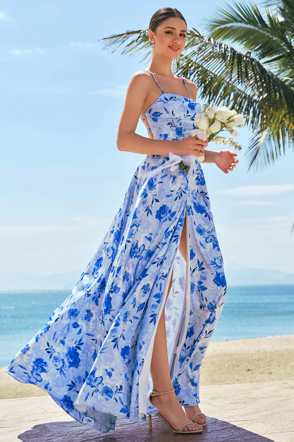 Blue A Line Spaghetti Straps Lace Up Back Long Print Floral Bridesmaid Dress with Slit