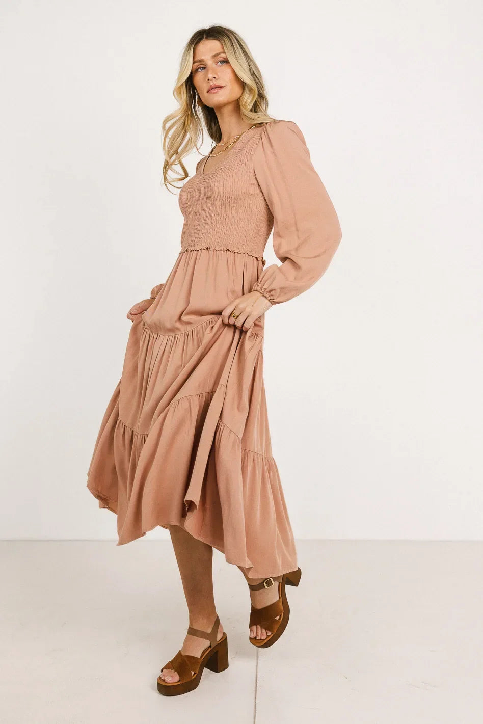 Smocked Tiered Midi Dress in Pink FINAL SALE