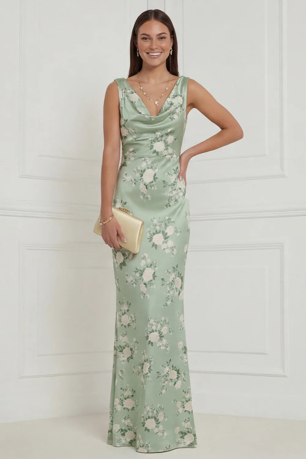 Sage Green Floral Mermaid Satin Long Bridesmaid Dress