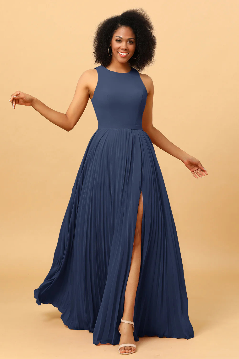 A Line Pleated Long Chiffon Bridesmaid Dress with Ruffles