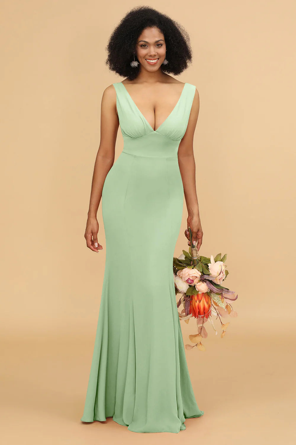Mermaid V neck Open Back Long Chiffon Bridesmaid Dress With Ruffles