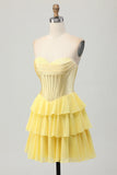 Yellow A line Sweetheart Corset Tiered Short Homecoming Dress