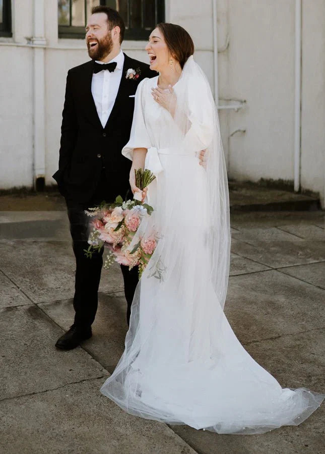 Simple Elegant Half Sleeves Crepe O Neck White Wedding Dresses with Sash