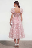 Floral Pink Puff Sleeve A Line Corset Wedding Guest Dress