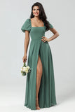 Eucalyptus A Line Square Neck Chiffon Puff Sleeves Bridesmaid Dress With Slit