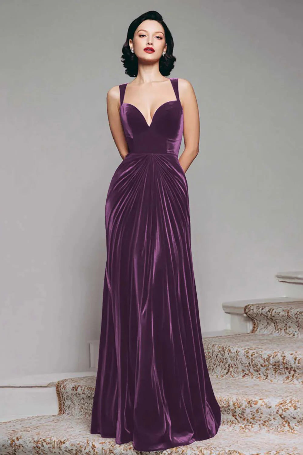 Black Velvet A Line Thick Straps Ruched Maxi Holiday Party Dress