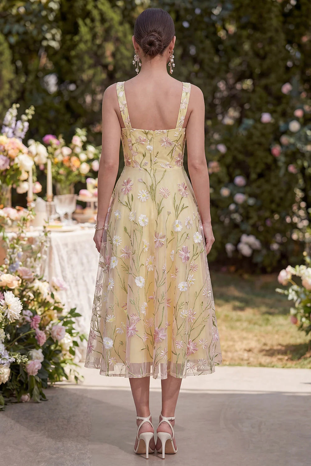 Floral A Line Light Yellow Midi Wedding Guest Dress