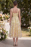 Floral A Line Light Yellow Midi Wedding Guest Dress