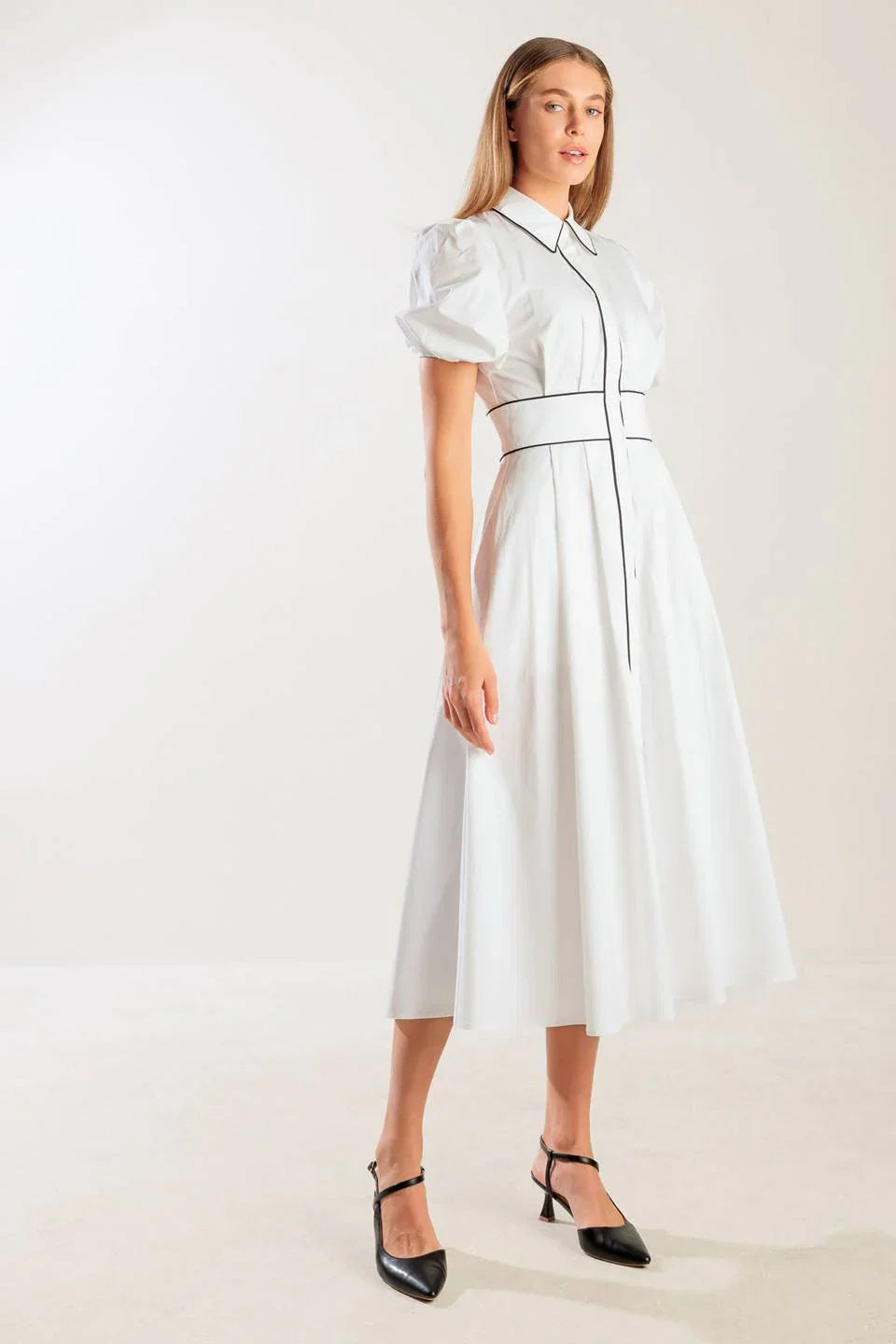 VINTAGE VIBES PUFF SLEEVE MIDI DRESS WHITE