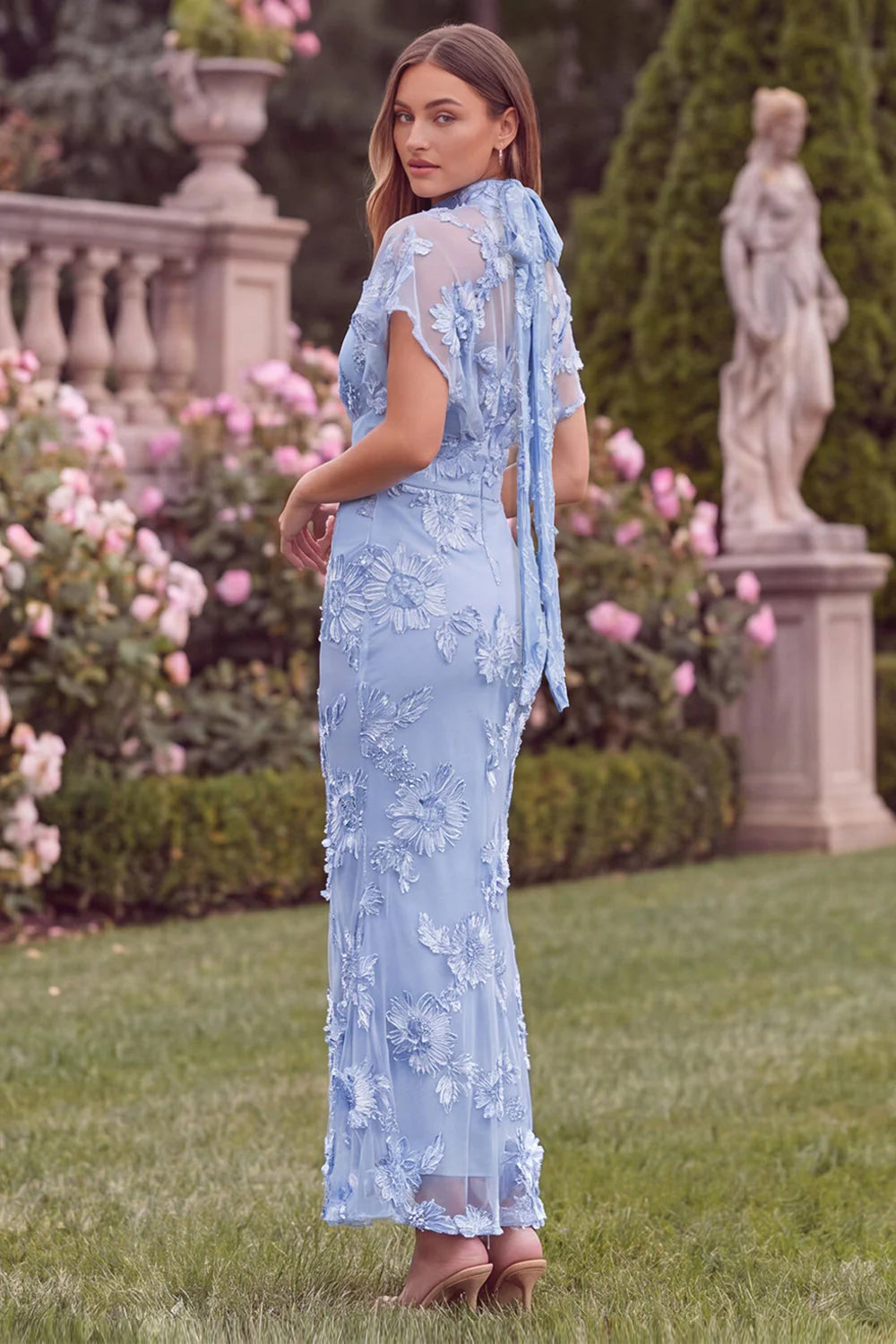 Lilac V Neck Mermaid Floral Wedding Guest Dress with Scarf