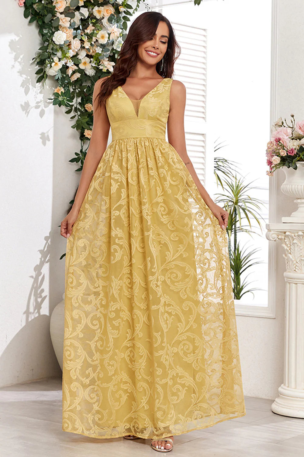 Yellow A Line V Neck Wedding Party Guest Dress With Appliques