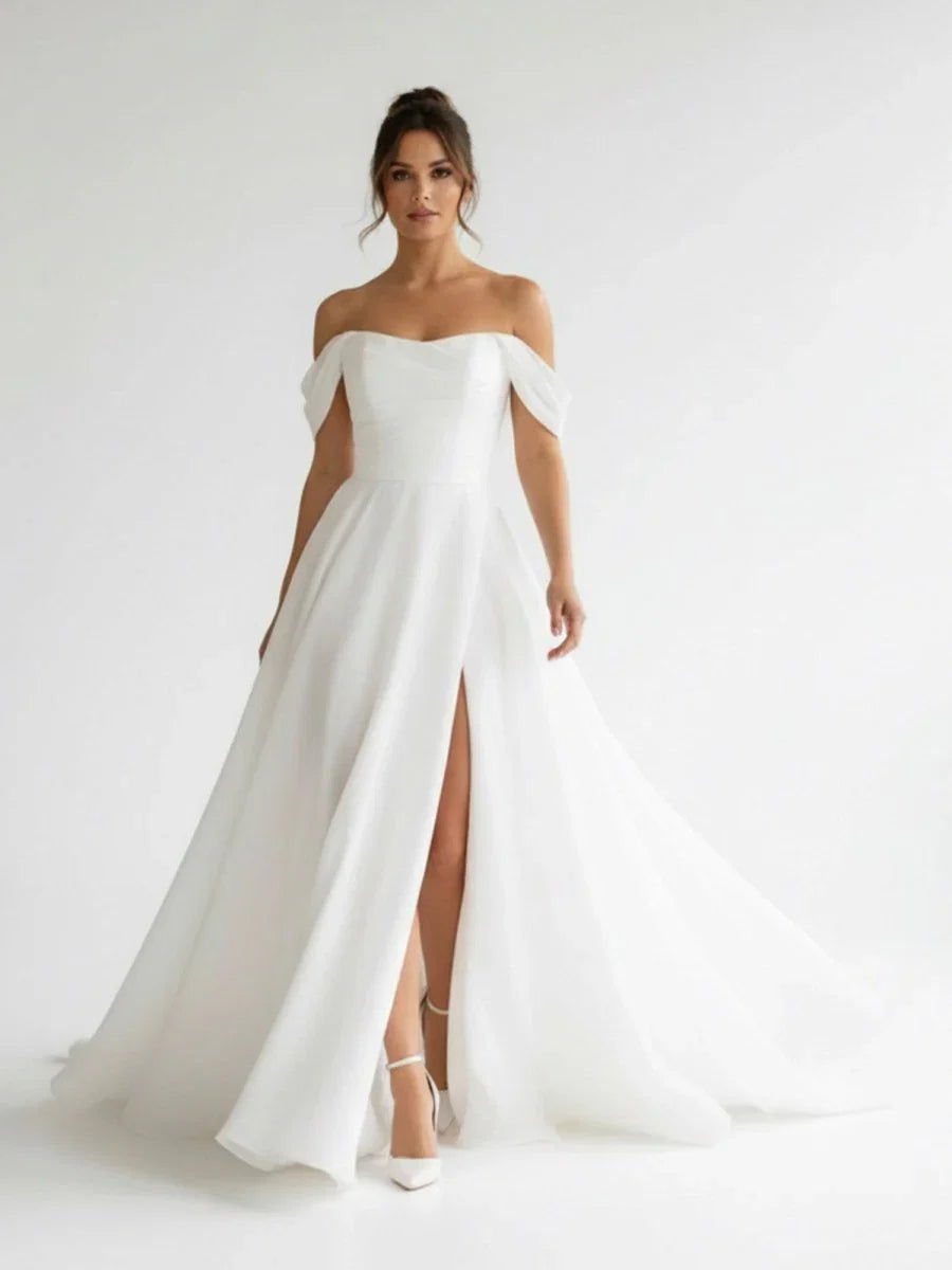 Elegant White Off the Shoulder Long Wedding Dress with Slit