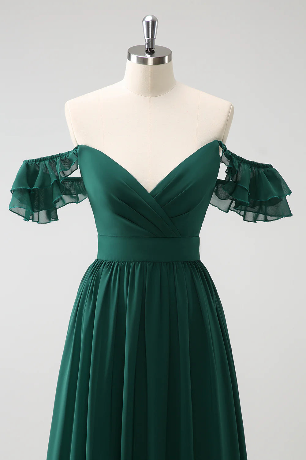 Dark Green A Line Off The Shoulder Chiffon Ruched Floor Length Bridesmaid Dress