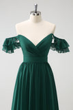 Dark Green A Line Off The Shoulder Chiffon Ruched Floor Length Bridesmaid Dress