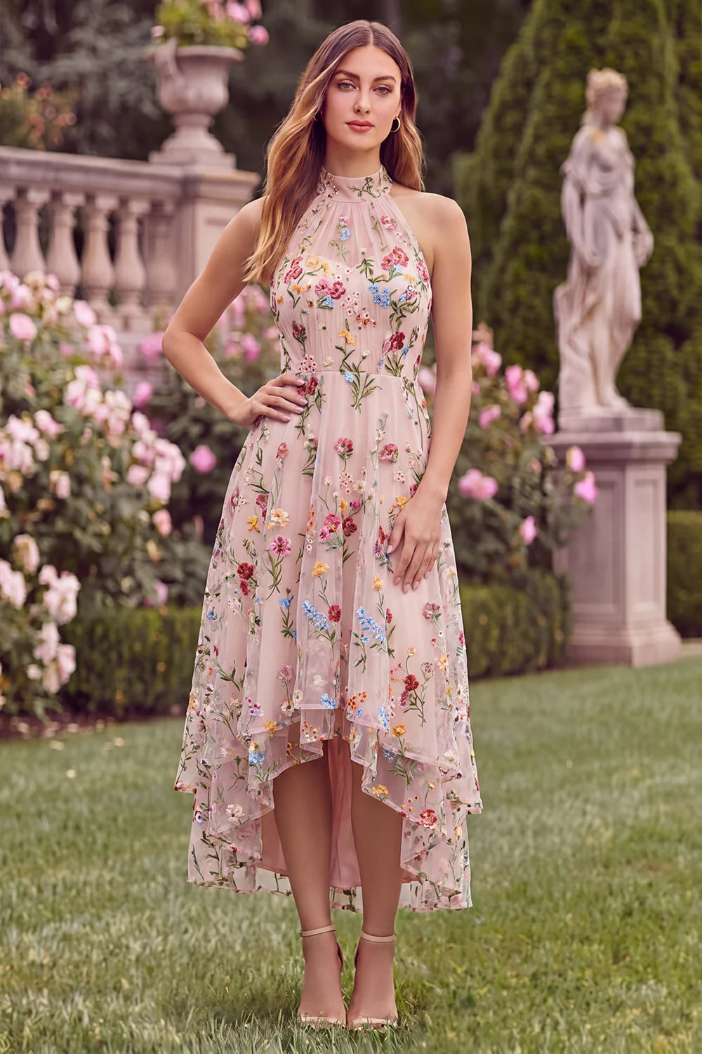Halter A Line Pink Flower Embroidered High Low Wedding Guest Dress