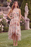 Halter A Line Pink Flower Embroidered High Low Wedding Guest Dress