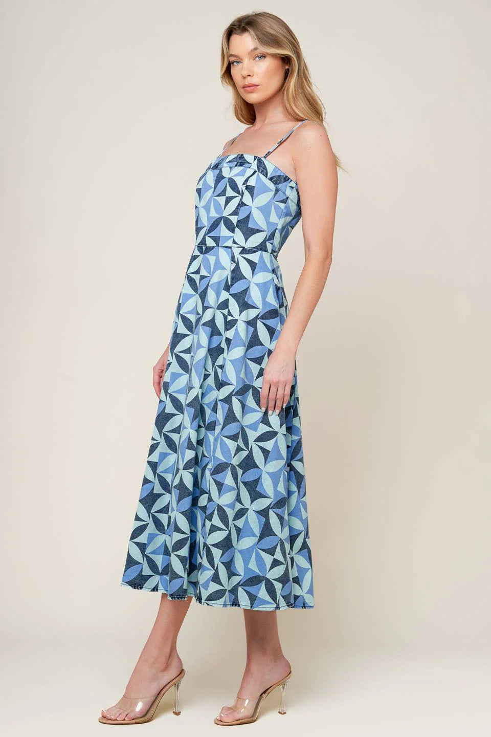 GWENNY GEOMETRIC BLUE DENIM MIDI DRESS