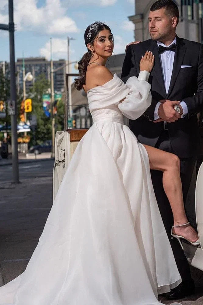 A Line Off the Shoulder White Wedding Dress with Slit
