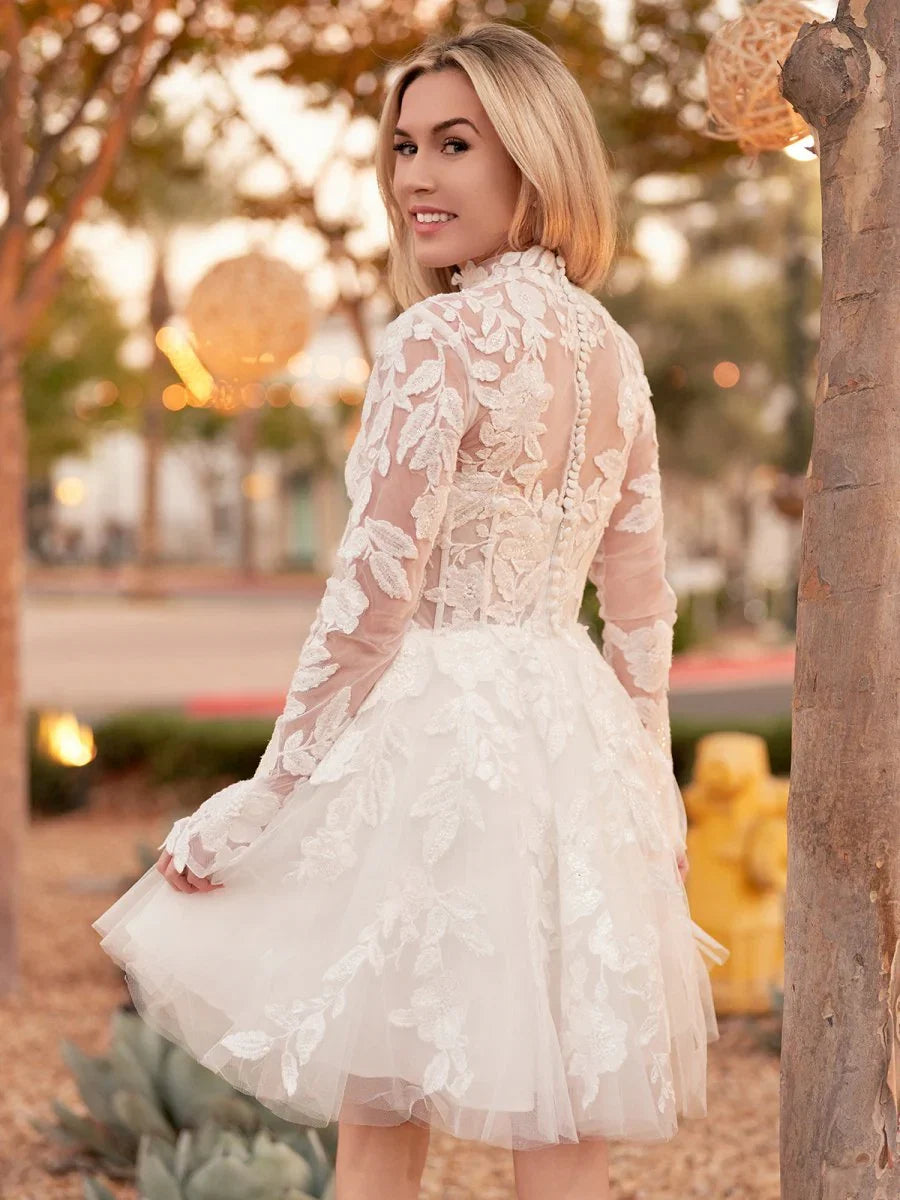 Short White A Line Illusion Neck Long Sleeves Lace Wedding Dresses