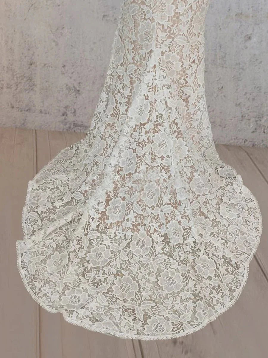 Mermaid Scoop Illusion Neck Floral Wedding Dress
