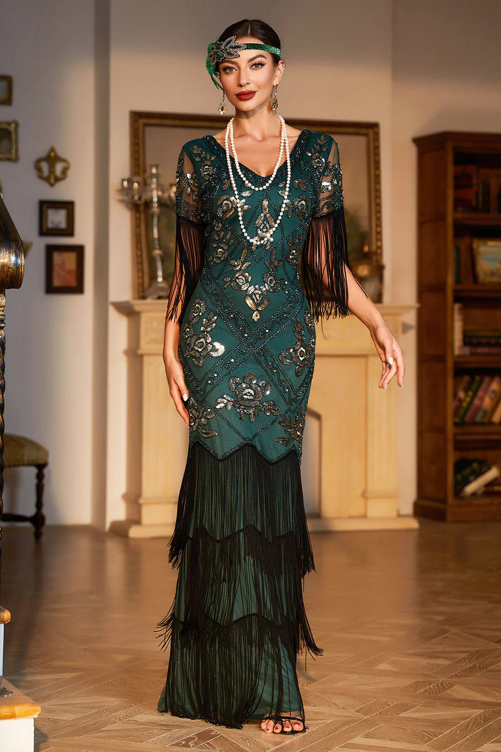 Sheath V Neck Black Sequins Long Party Dress with Fringes