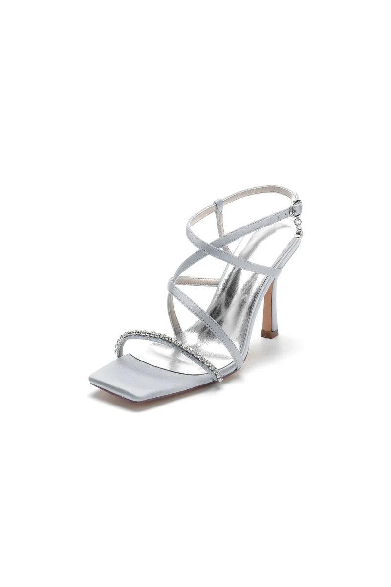 Square Open Toe Crystal Cross Straps Chunky Heels
