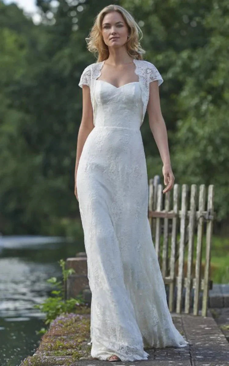 Floor Length Square Cap Sleeve Appliqued Lace Wedding Dress