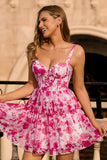 Fuchsia Flower Corset A Line Short Homecoming Dress