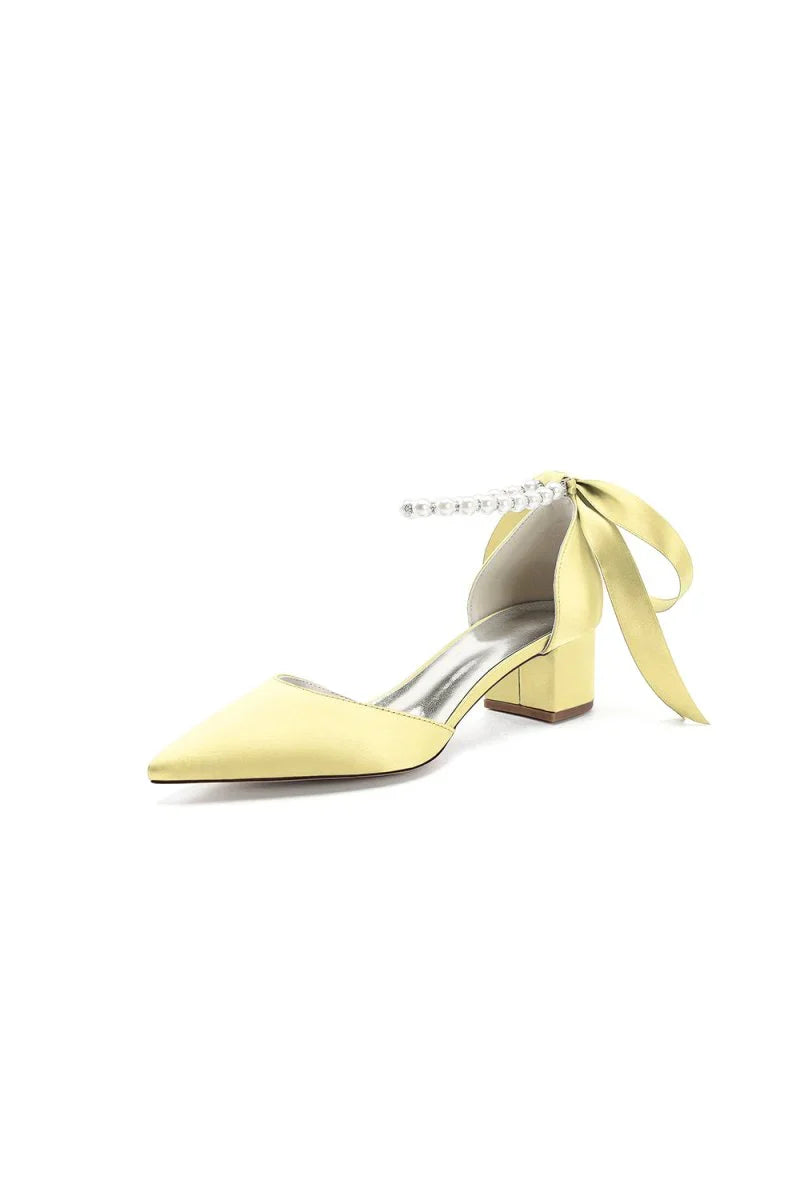 Pointed Toe Satin Pearl Ankle Strap Block Heels With Ribbon Tie