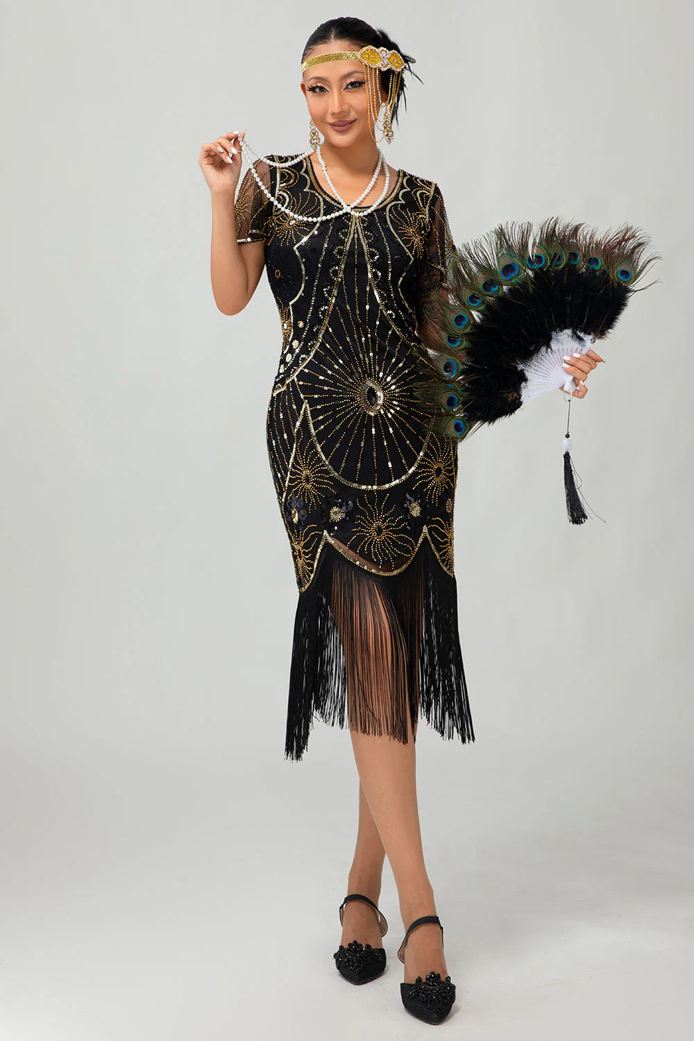 Gatsby Black Red Scoop Fringed Bodycon1920s Dress with Sequins