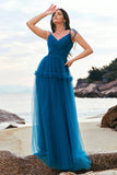 Dark Blue A Line Spaghetti Straps Ruched Long Tulle Bridesmaid Dress
