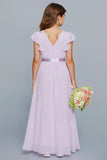 Lilac A Line V Neck Junior Bridesmaid Dress with Ruffles
