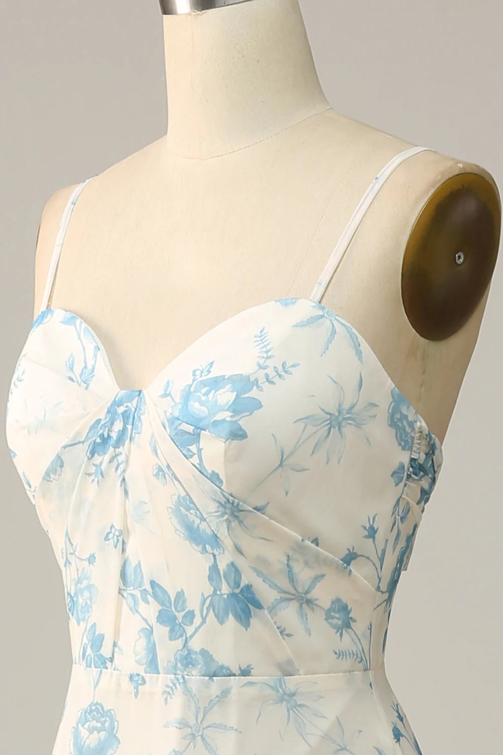 White Blue Flower A Line Spaghetti Straps Chiffon Floor Length Bridesmaid Dress