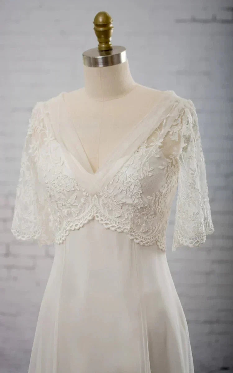 Sweetheart A line Chiffon Dress With Half sleeved Illusion Bodice