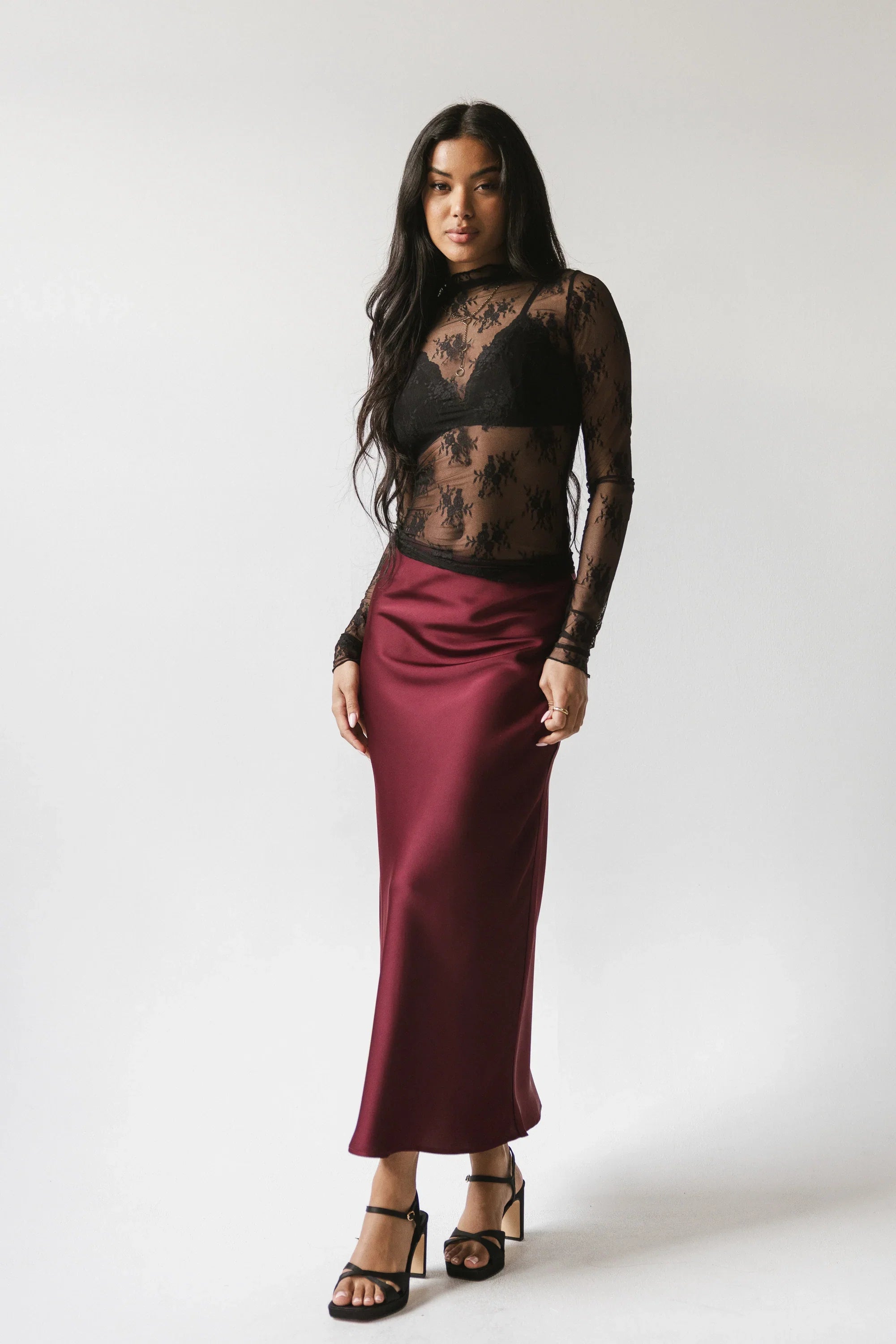 Tory Satin Maxi Skirt in Burgundy