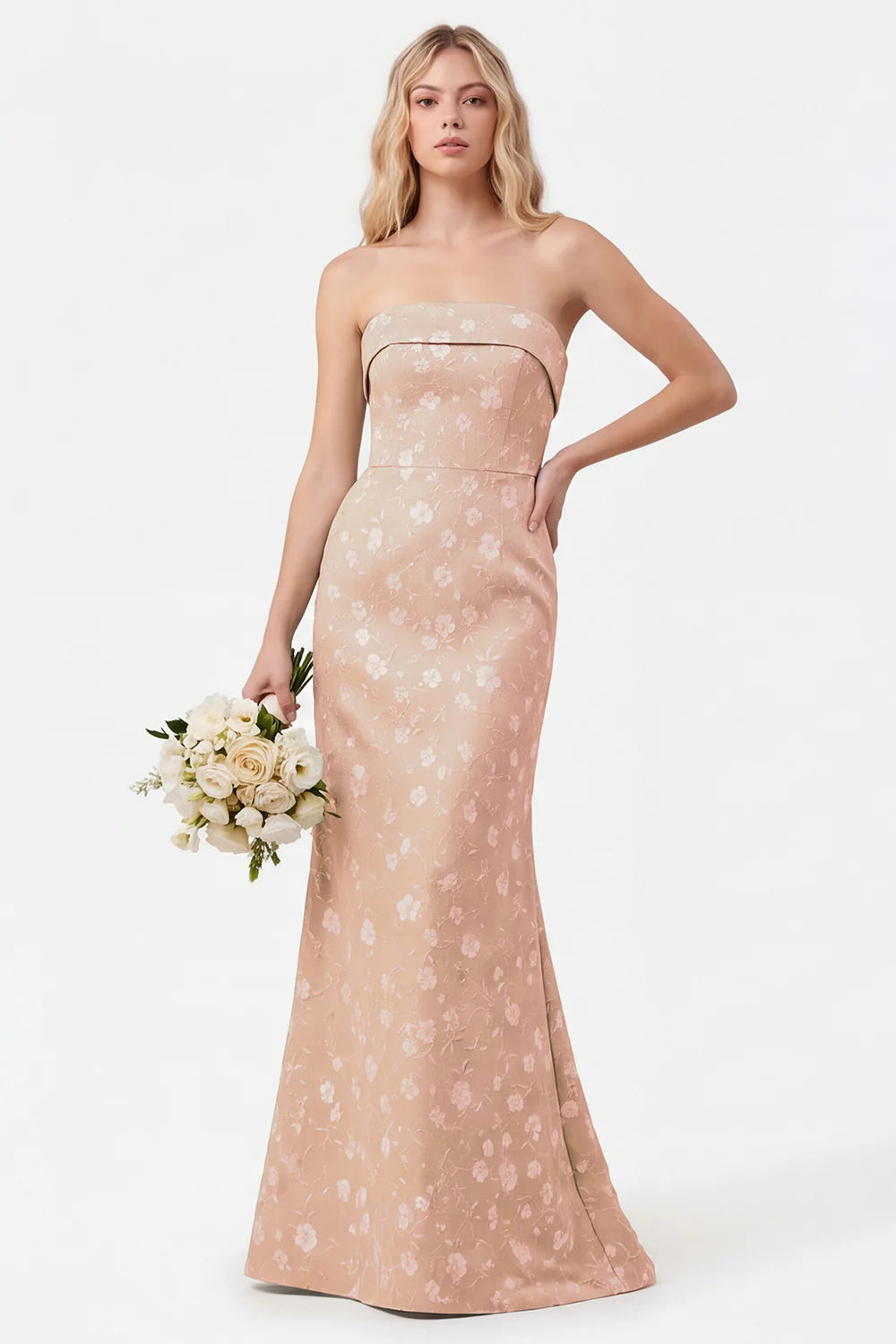 Strapless Mermaid Sage Floral Jacquard Bridesmaid Dress