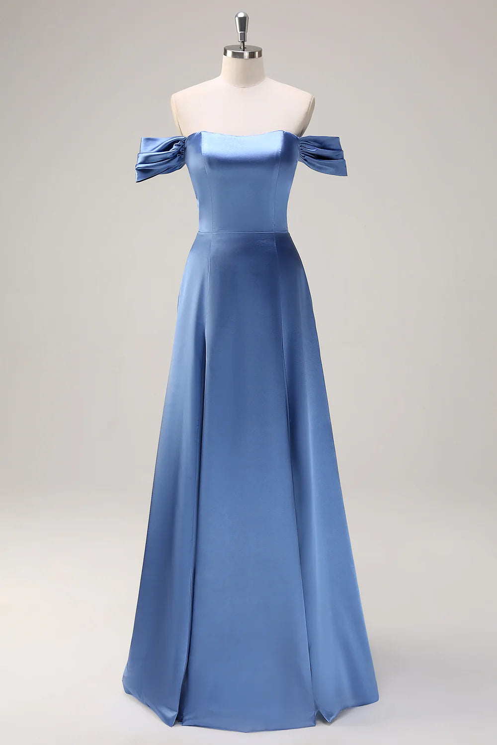 Dusty Blue A Line Off The Shoulder Ruched Long Bridesmaid Dress