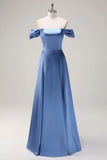 Dusty Blue A Line Off The Shoulder Ruched Long Bridesmaid Dress