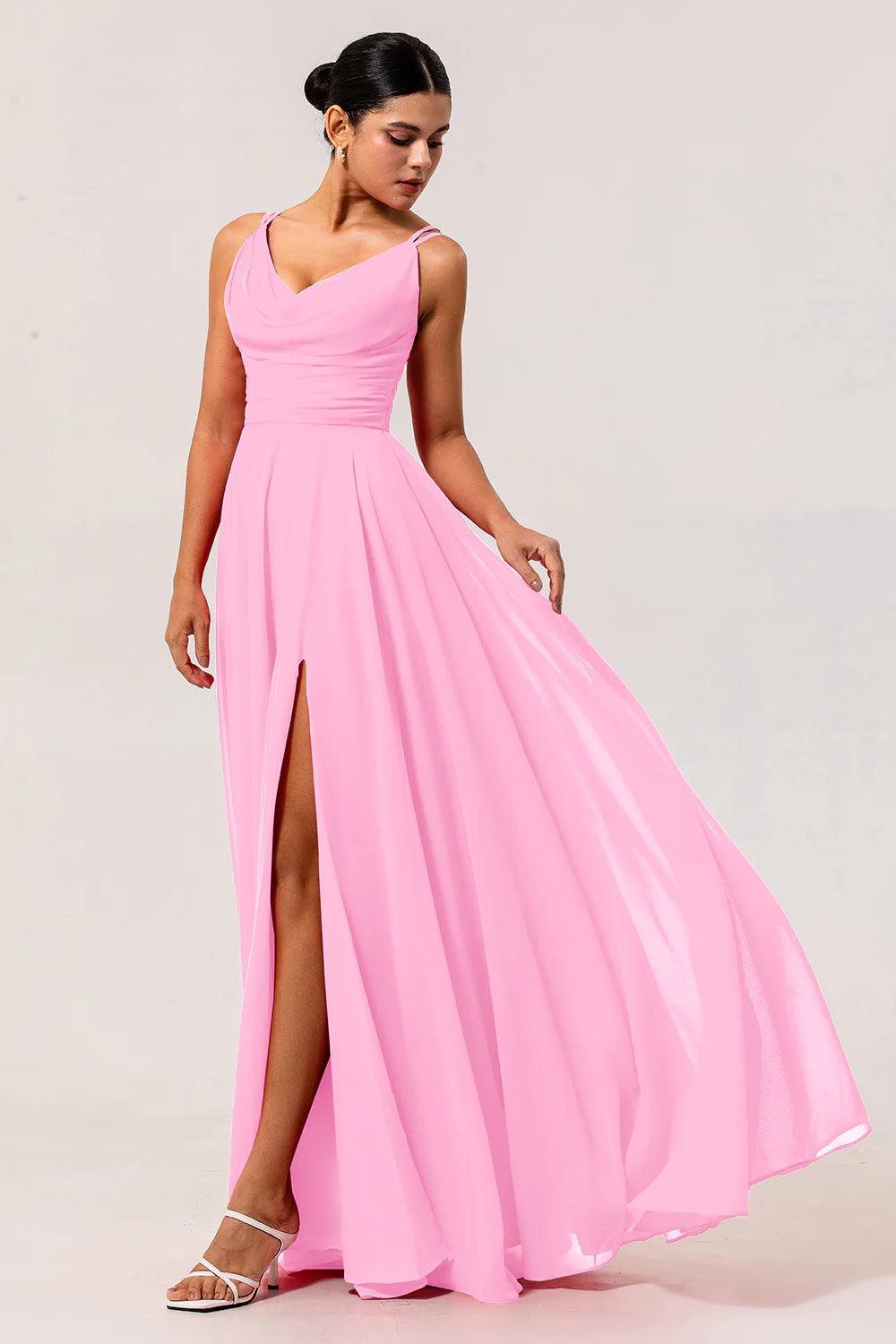 Hot Pink A Line Cowl Neck Chiffon Long Bridesmaid Dress with Slit