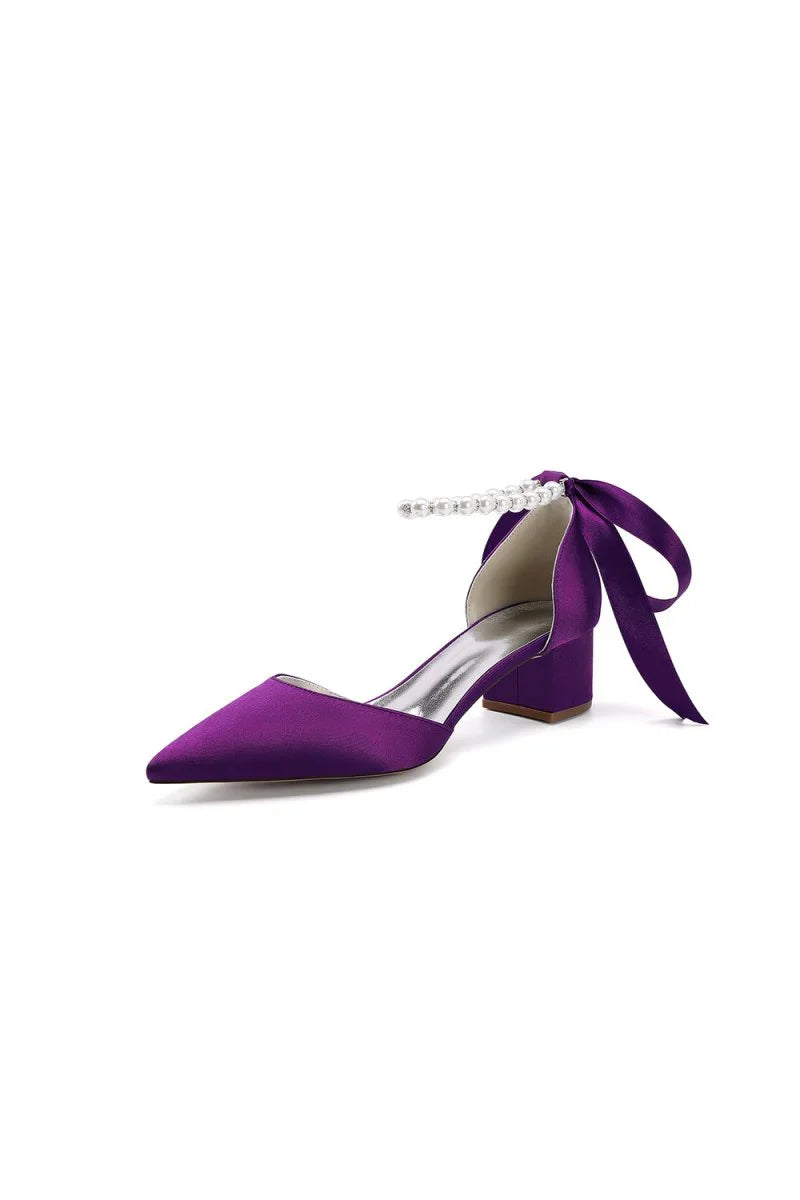 Pointed Toe Satin Pearl Ankle Strap Block Heels With Ribbon Tie