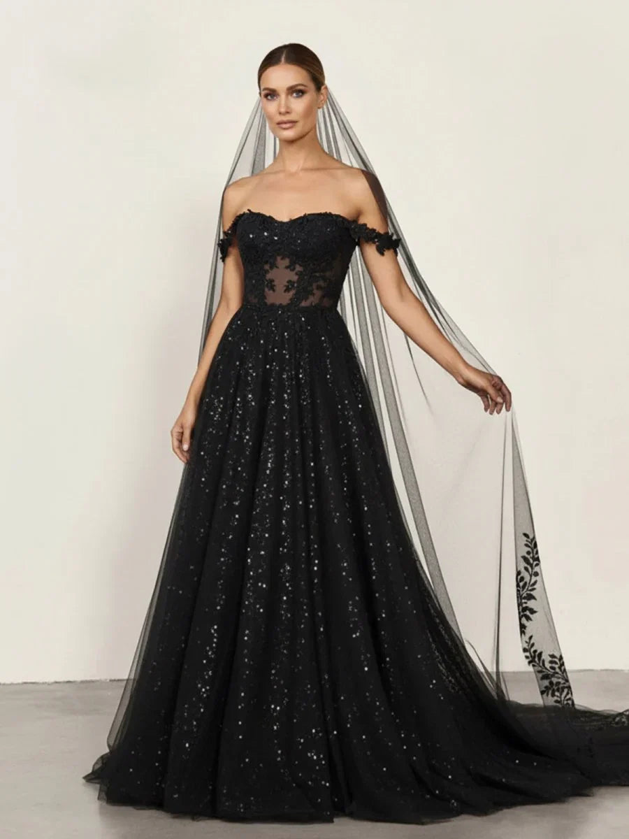 A Line Black Gothic Wedding Dresses with Sequin Lace Appliques