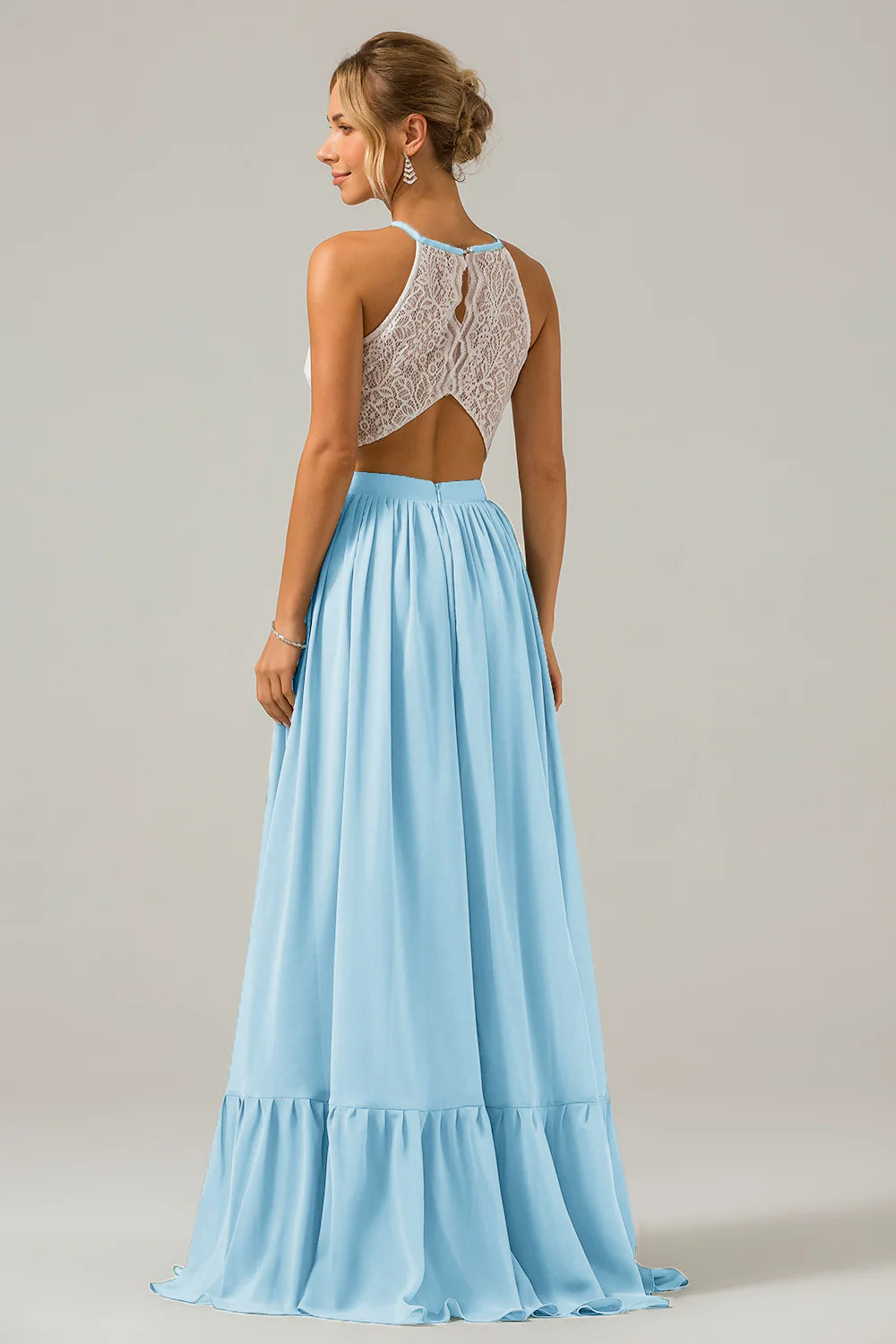 A Line Halter Pleated Keyhole Chiffon Bridesmaid Dress With Lace