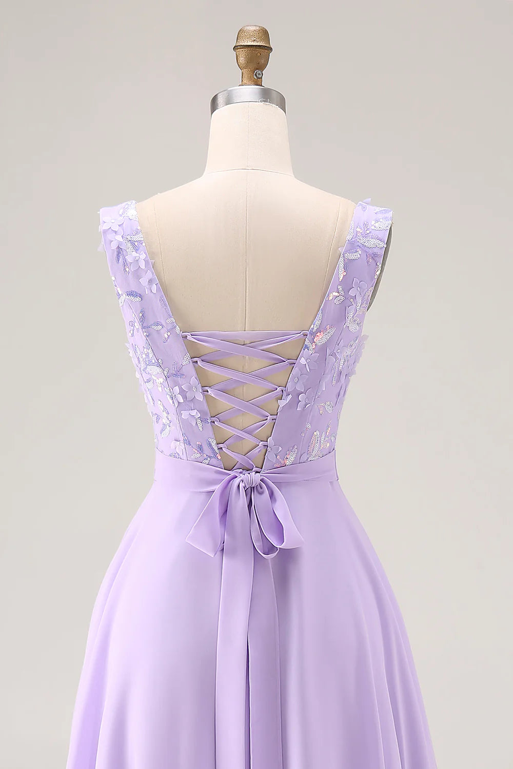 Lilac A Line Sequin Applique Long Bridesmaid Dress with Slit