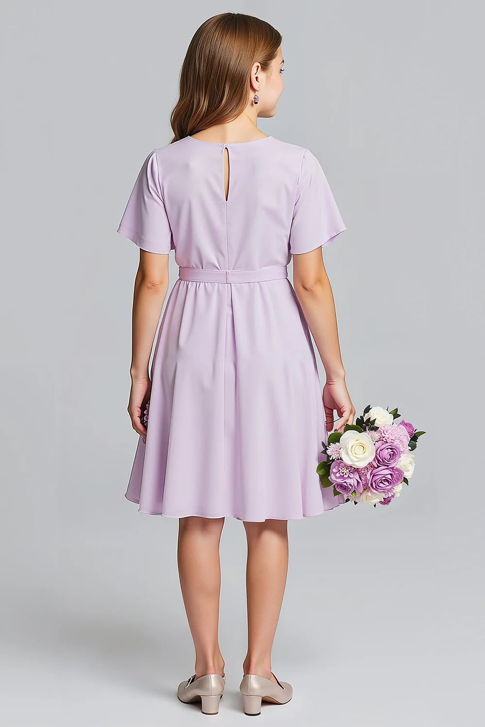 Purple Chiffon A Line V Neck Midi Junior Bridesmaid Dress