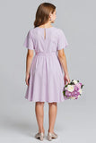 Purple Chiffon A Line V Neck Midi Junior Bridesmaid Dress