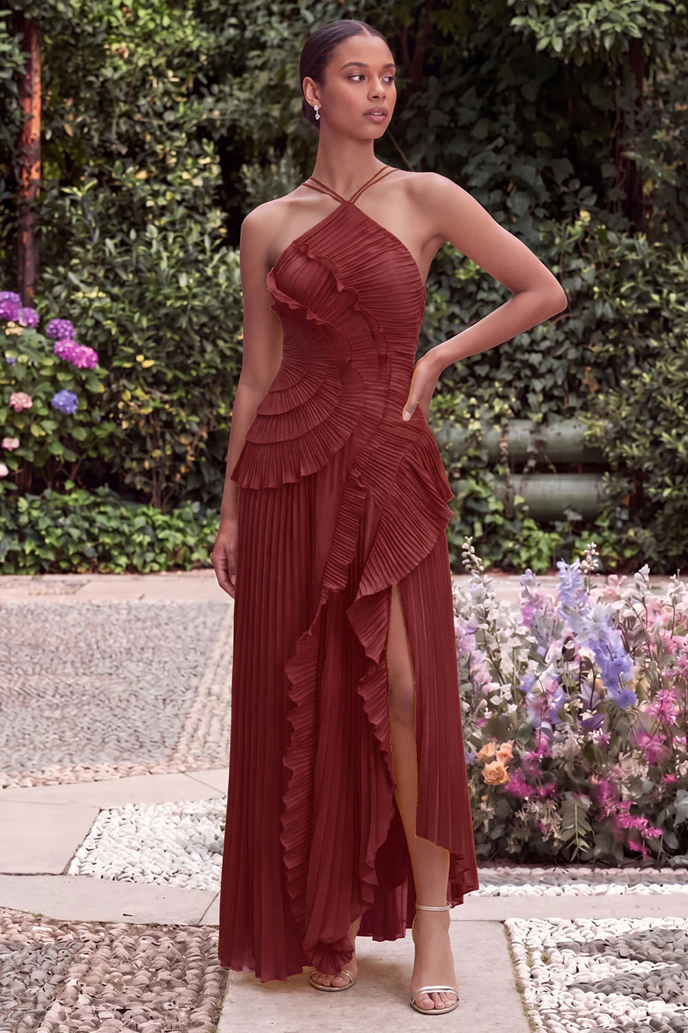 Lilac Halter A Line Pleated Ruffled Bridesmaid Dress with Slit