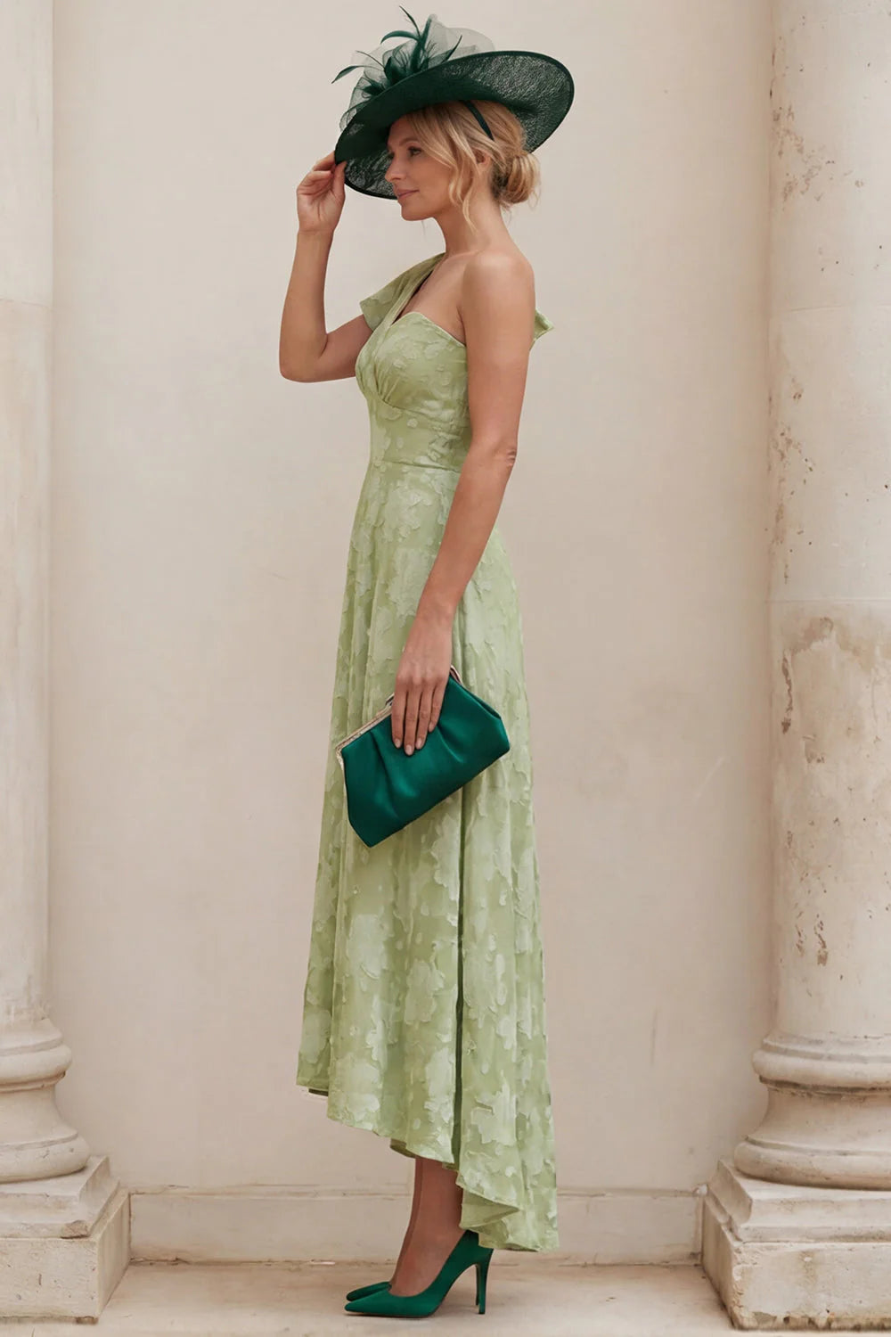 Sage Green A Line Ruched One Shoulder Mother of the Bride Dress