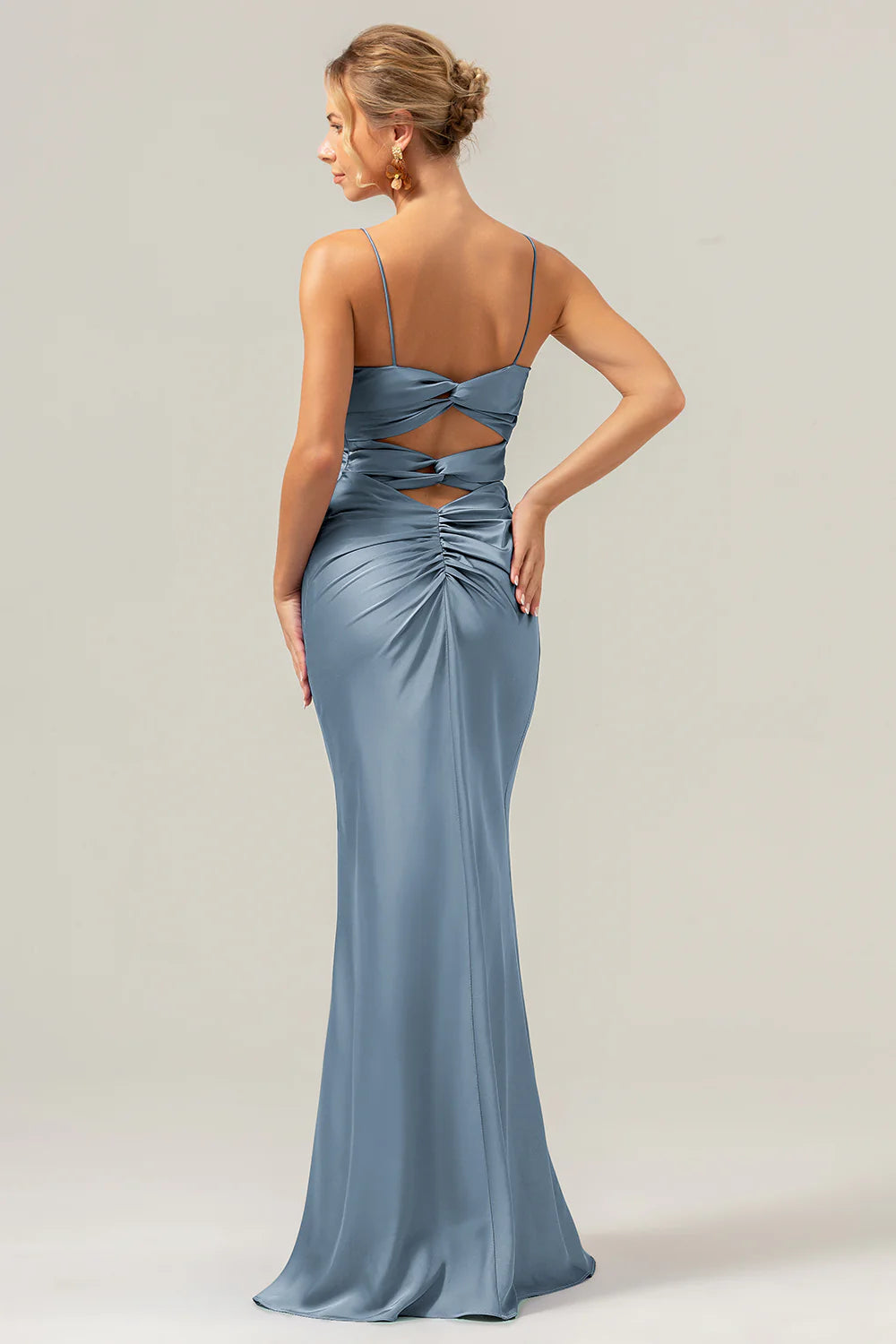 Purple Mermaid Spaghetti Straps Front Pleated Long Bridesmaid Dress